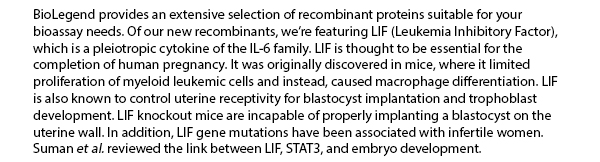 BioLegend provides an extensive selection of recombinant proteins suitable for your bioassay needs. Of our new recombinants, we're featuring LIF (Leukemia Inhibitory Factor), which is a pleiotropic cytokine of the IL-6 family. LIF is thought to be essential for the completion of human pregnancy. It was originally discovered in mice, where it limited proliferation of myeloid leukemic cells and instead, caused macrophage differentiation. LIF is also known to control uterine receptivity for blastocyst implantation and trophoblast development. LIF knockout mice are incapable of properly implanting a blastocyst on the uterine wall. In addition, LIF gene mutations have been associated with infertile women. Suman et al. reviewed the link between LIF, STAT3, and embryo development.